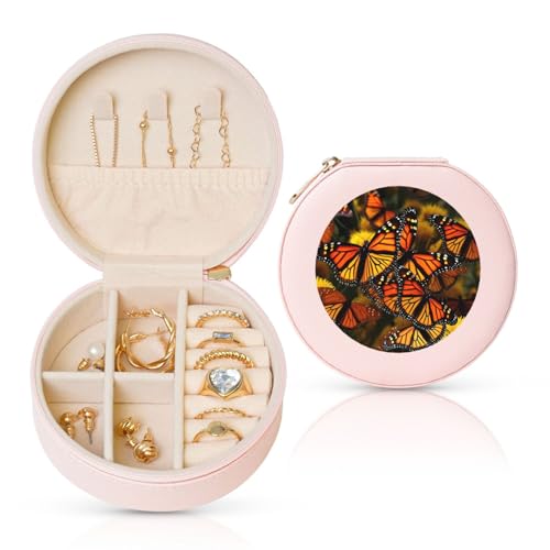 BYPPJGH Kleine Schmuckschatulle aus Leder, Motiv: Monarch-Schmetterlinge, wasserdicht, rund, für Damen, Ringe, Halsketten, Geschenke von BYPPJGH