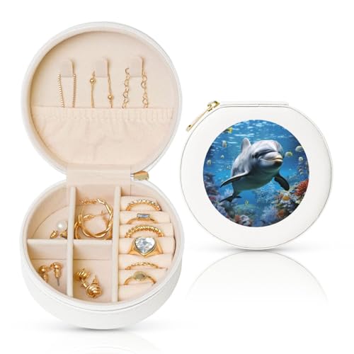 BYPPJGH Kleine Schmuckschatulle aus Leder, Motiv: Ozean, Delfin, blickend, wasserdicht, rund, für Damen, Ringe, Halsketten, Geschenke von BYPPJGH