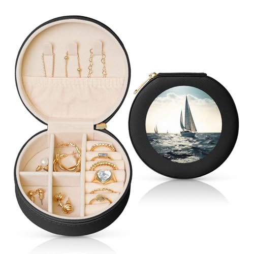 BYPPJGH Kleine Schmuckschatulle aus Leder, Motiv: Ozean, Segeln, wasserdicht, rund, für Damen, Ringe, Halsketten, Geschenke von BYPPJGH