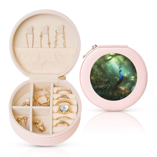 BYPPJGH Kleine Schmuckschatulle aus Leder, Motiv: Pfau im Wald, wasserdicht, rund, für Damen, Ringe, Halsketten, Geschenke von BYPPJGH