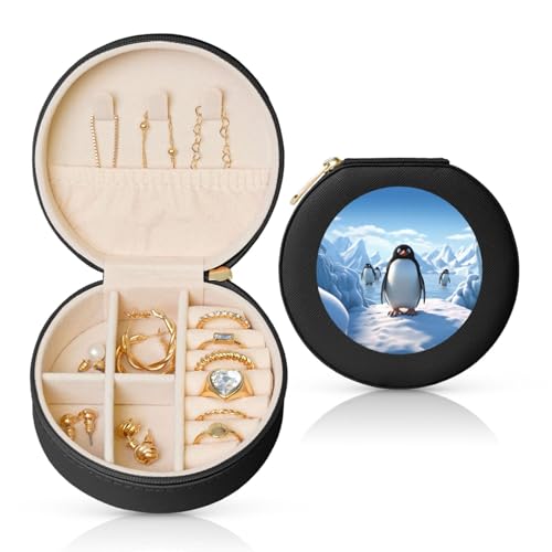 BYPPJGH Kleine Schmuckschatulle aus Leder, Motiv: Pinguin, Antarktis, Eis, Reise-Schmucketui, wasserdicht, rund, Schmuck-Organizer, schwarz, für Damen, Ringe, Halsketten, Geschenke von BYPPJGH
