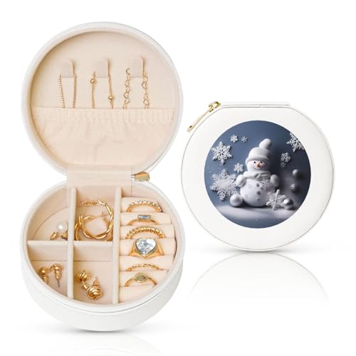 BYPPJGH Kleine Schmuckschatulle aus Leder, Motiv: Schneemann, Sterne und Schneeflocken, wasserdicht, rund, für Ringe, Halsketten, Geschenke von BYPPJGH