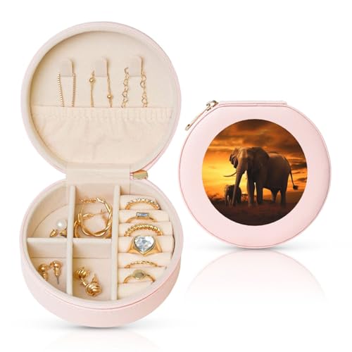 BYPPJGH Kleine Schmuckschatulle aus Leder, Motiv: Sonnenuntergang, Eltern-Kind-Elefant, Reise-Schmuckkoffer, wasserdicht, rund, Schmuck-Organizer, Rosa, für Damen, Ringe, Halsketten, Geschenke von BYPPJGH