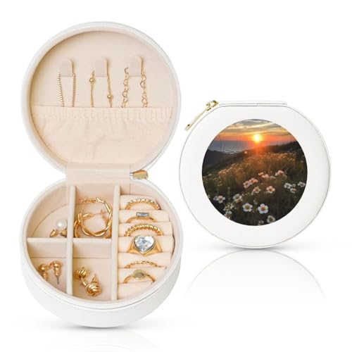 BYPPJGH Kleine Schmuckschatulle aus Leder, Motiv: Sonnenuntergang und Blumen, wasserdicht, rund, für Damen, Ringe, Halsketten, Geschenke von BYPPJGH