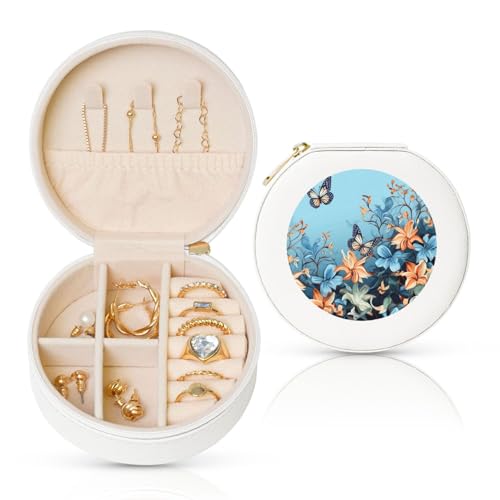 BYPPJGH Kleine Schmuckschatulle aus Leder, Motiv: blauer Schmetterling, Blumenmuster, wasserdicht, rund, für Damen, Ringe, Halsketten, Geschenke BYPPJGH Kleine Schmuckschatulle aus Leder, Motiv: blauer Schmetterling, Blumenmuster, wasserdicht, rund, für Damen, Ringe, Halsketten, Geschenke von BYPPJGH
