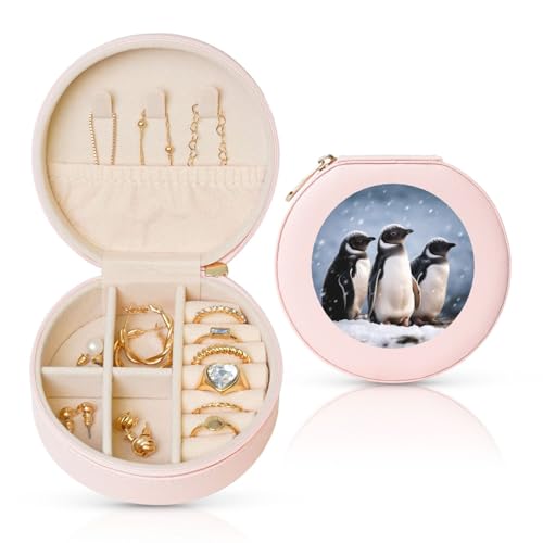 BYPPJGH Kleine Schmuckschatulle aus Leder, Motiv: junge Pinguine mit Schnee, wasserdicht, rund, für Damen, Ringe, Halsketten, Geschenke von BYPPJGH