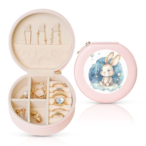 BYPPJGH Kleine Schmuckschatulle aus Leder, bemalt, Kaninchen, wasserdicht, rund, für Damen, Ringe, Halsketten, Geschenke von BYPPJGH