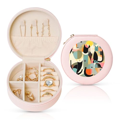 BYPPJGH Kleine Schmuckschatulle aus der Mitte des Jahrhunderts, moderne Kunst, Katze, Leder, Reise-Schmuckkoffer, wasserdicht, rund, Schmuck-Organizer, Rosa, für Damen, Ringe, Halsketten, Geschenke von BYPPJGH