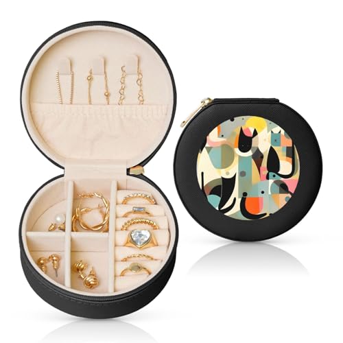 BYPPJGH Kleine Schmuckschatulle aus der Mitte des Jahrhunderts, moderne Kunst, Katze, Leder, Reise-Schmuckkoffer, wasserdicht, rund, Schmuck-Organizer, schwarz, für Damen, Ringe, Halsketten, Geschenke von BYPPJGH