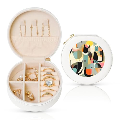 BYPPJGH Kleine Schmuckschatulle aus der Mitte des Jahrhunderts, moderne Kunst, Katze, Leder, Reise-Schmuckkoffer, wasserdicht, rund, Schmuck-Organizer, weiß, für Damen, Ringe, Halsketten, Geschenke von BYPPJGH
