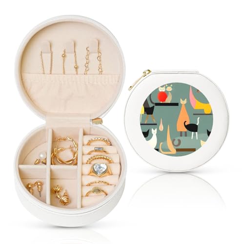 BYPPJGH Kleine Schmuckschatulle aus der Mitte des Jahrhunderts, moderne Kunst, Katzen, Leder, Reise-Schmuckkoffer, wasserdicht, rund, Schmuck-Organizer, weiß, für Damen, Ringe, Halsketten, Geschenke von BYPPJGH