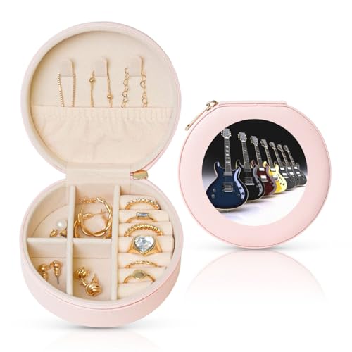 BYPPJGH Kleine Schmuckschatulle für E-Gitarre, Leder, Reise-Schmucketui, wasserdicht, rund, Schmuck-Organizer, Rosa, für Damen, Ringe, Halsketten, Geschenke von BYPPJGH