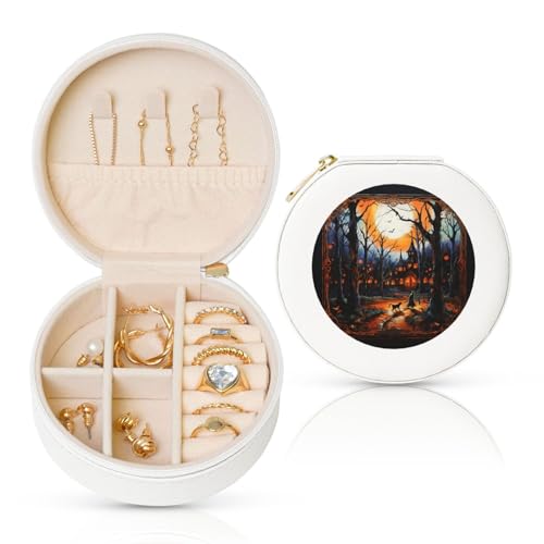 BYPPJGH Kleine Schmuckschatulle für Halloween-Partys, Leder, Reise-Schmucketui, wasserdicht, rund, Schmuck-Organizer, weiß, für Damen, Ringe, Halsketten, Geschenke von BYPPJGH