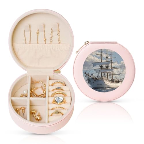 BYPPJGH Kleine Schmuckschatulle im Vintage-Stil, nautisches Schiff, Leder, Reise-Schmucketui, wasserdicht, rund, Schmuck-Organizer, Rosa, für Damen, Ringe, Halsketten, Geschenke von BYPPJGH