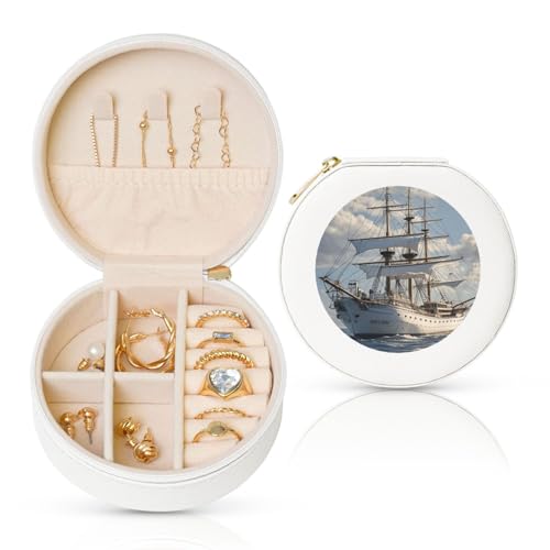 BYPPJGH Kleine Schmuckschatulle im Vintage-Stil, nautisches Schiff, Leder, Reise-Schmucketui, wasserdicht, rund, Schmuck-Organizer, weiß, für Damen, Ringe, Halsketten, Geschenke von BYPPJGH