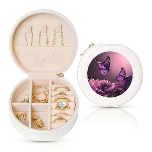 BYPPJGH Kleine Schmuckschatulle mit 3D-Blumen, Leder, Reise-Schmucketui, wasserdicht, rund, Schmuck-Organizer, weiß, für Damen, Ringe, Halsketten, Geschenke von BYPPJGH