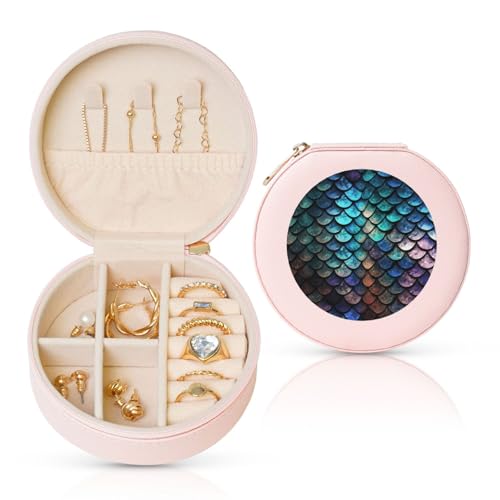 BYPPJGH Kleine Schmuckschatulle mit 3D-Drachen-Schuppen-Muster, Leder, Reise-Schmucketui, wasserdicht, rund, Schmuck-Organizer, Rosa, für Damen, Ringe, Halsketten, Geschenke von BYPPJGH