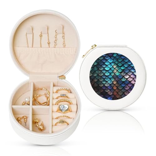 BYPPJGH Kleine Schmuckschatulle mit 3D-Drachen-Schuppen-Muster, Leder, Reise-Schmucketui, wasserdicht, rund, Schmuck-Organizer, weiß, für Damen, Ringe, Halsketten, Geschenke von BYPPJGH