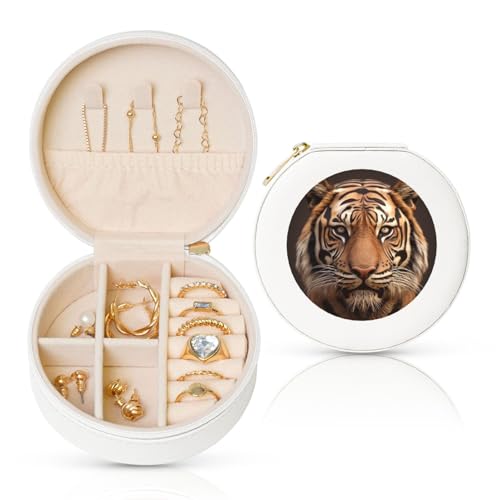 BYPPJGH Kleine Schmuckschatulle mit 3D-Tigerkopf, Leder, Reise-Schmucketui, wasserdicht, rund, Schmuck-Organizer, weiß, für Damen, Ringe, Halsketten, Geschenke von BYPPJGH