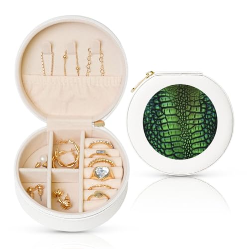BYPPJGH Kleine Schmuckschatulle mit Alligatorhaut, Leder, Reise-Schmucketui, wasserdicht, rund, Schmuck-Organizer, weiß, für Damen, Ringe, Halsketten, Geschenke von BYPPJGH