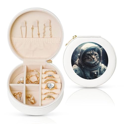 BYPPJGH Kleine Schmuckschatulle mit Astronauten-Katze im Weltraum, Leder, Reise-Schmucketui, wasserdicht, rund, Schmuck-Organizer, weiß, für Damen, Ringe, Halsketten, Geschenke von BYPPJGH