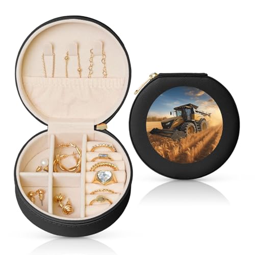BYPPJGH Kleine Schmuckschatulle mit Bauernhof-Traktor-Ernte, Leder, Reise-Schmuckkoffer, wasserdicht, rund, Schmuck-Organizer, schwarz, für Damen, Ringe, Halsketten, Geschenke von BYPPJGH