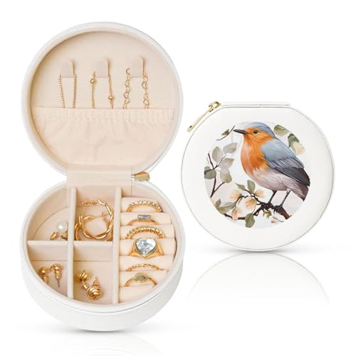 BYPPJGH Kleine Schmuckschatulle mit Blumendruck, Wasserfarben, Rotkehlchen, Vogel, Leder, Reise-Schmucketui, wasserdicht, rund, Schmuck-Organizer, weiß, für Damen, Ringe, Halsketten, Geschenke von BYPPJGH
