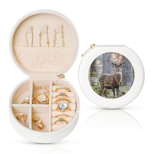 BYPPJGH Kleine Schmuckschatulle mit Camouflage-Hirsch-Design, Leder, Reise-Schmucketui, wasserdicht, rund, Schmuck-Organizer, weiß, für Damen, Ringe, Halsketten, Geschenke von BYPPJGH