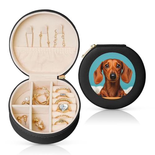 BYPPJGH Kleine Schmuckschatulle mit Dackel-Motiv, Leder, Reise-Schmucketui, wasserdicht, rund, Schmuck-Organizer, schwarz, für Damen, Ringe, Halsketten, Geschenke von BYPPJGH