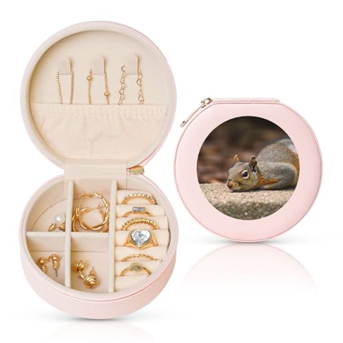 BYPPJGH Kleine Schmuckschatulle mit Eichhörnchen-Motiv, Leder, Reise-Schmucketui, wasserdicht, rund, Schmuck-Organizer, Rosa, für Damen, Ringe, Halsketten, Geschenke von BYPPJGH