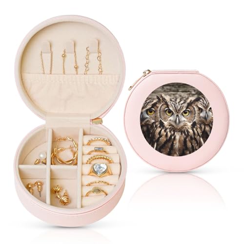 BYPPJGH Kleine Schmuckschatulle mit Eulen-Vögeln, Leder, Reise-Schmucketui, wasserdicht, rund, Schmuck-Organizer, Rosa, für Damen, Ringe, Halsketten, Geschenke von BYPPJGH