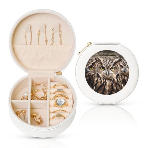 BYPPJGH Kleine Schmuckschatulle mit Eulen-Vögeln, Leder, Reise-Schmucketui, wasserdicht, rund, Schmuck-Organizer, weiß, für Damen, Ringe, Halsketten, Geschenke von BYPPJGH