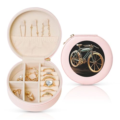 BYPPJGH Kleine Schmuckschatulle mit Fahrrad-Motiv, Leder, Reise-Schmuckkoffer, wasserdicht, rund, Schmuck-Organizer, Rosa, für Damen, Ringe, Halsketten, Geschenke von BYPPJGH