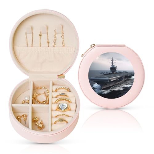 BYPPJGH Kleine Schmuckschatulle mit Flugzeugträgern, Leder, Reise-Schmucketui, wasserdicht, rund, Schmuck-Organizer, Rosa, für Damen, Ringe, Halsketten, Geschenke von BYPPJGH