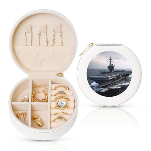 BYPPJGH Kleine Schmuckschatulle mit Flugzeugträgern, Leder, Reise-Schmucketui, wasserdicht, rund, Schmuck-Organizer, weiß, für Damen, Ringe, Halsketten, Geschenke von BYPPJGH