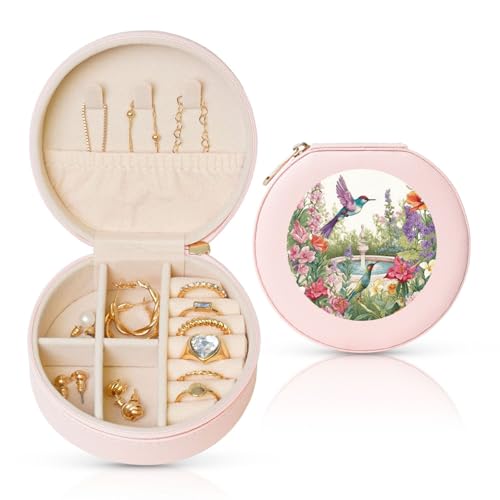 BYPPJGH Kleine Schmuckschatulle mit Garten mit Vögeln und Blumen, Leder, Reise-Schmucketui, wasserdicht, rund, Schmuck-Organizer, Rosa, für Damen, Ringe, Halsketten, Geschenke von BYPPJGH