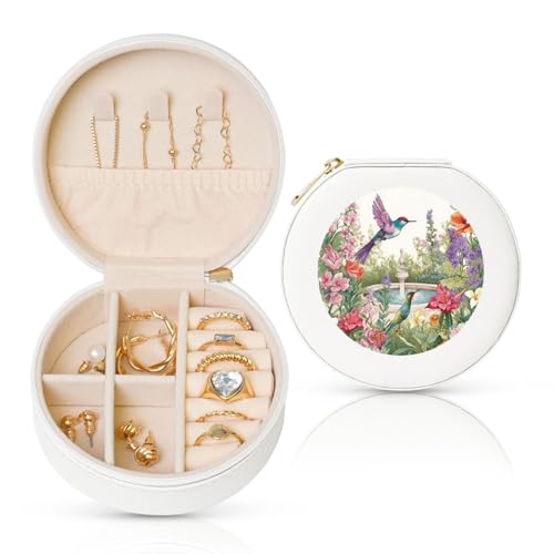 BYPPJGH Kleine Schmuckschatulle mit Garten mit Vögeln und Blumen, Leder, Reise-Schmucketui, wasserdicht, rund, Schmuck-Organizer, weiß, für Damen, Ringe, Halsketten, Geschenke von BYPPJGH