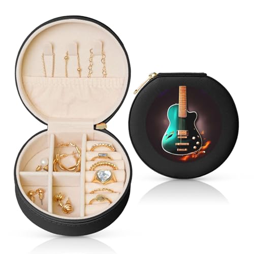 BYPPJGH Kleine Schmuckschatulle mit Gitarre, Leder, Reise-Schmucketui, wasserdicht, rund, Schmuck-Organizer, schwarz, für Damen, Ringe, Halsketten, Geschenke von BYPPJGH