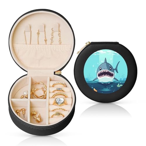 BYPPJGH Kleine Schmuckschatulle mit Haifisch-Motiv, Leder, Reise-Schmucketui, wasserdicht, rund, Schmuck-Organizer, schwarz, für Damen, Ringe, Halsketten, Geschenke von BYPPJGH