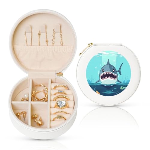 BYPPJGH Kleine Schmuckschatulle mit Haifisch-Motiv, Leder, Reise-Schmucketui, wasserdicht, rund, Schmuck-Organizer, weiß, für Damen, Ringe, Halsketten, Geschenke von BYPPJGH