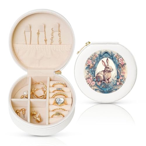 BYPPJGH Kleine Schmuckschatulle mit Hasen-Motiv, Leder, Reise-Schmucketui, wasserdicht, rund, Schmuck-Organizer, weiß, für Damen, Ringe, Halsketten, Geschenke von BYPPJGH