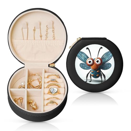 BYPPJGH Kleine Schmuckschatulle mit Insektenflügel-Augen, Leder, Reise-Schmucketui, wasserdicht, rund, Schmuck-Organizer, schwarz, für Damen, Ringe, Halsketten, Geschenke von BYPPJGH