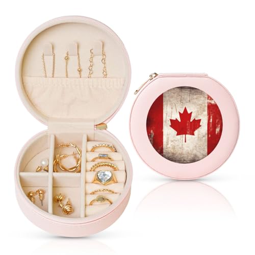 BYPPJGH Kleine Schmuckschatulle mit Kanada-Flagge, Leder, Reise-Schmucketui, wasserdicht, rund, Schmuck-Organizer, Rosa, für Damen, Ringe, Halsketten, Geschenke von BYPPJGH
