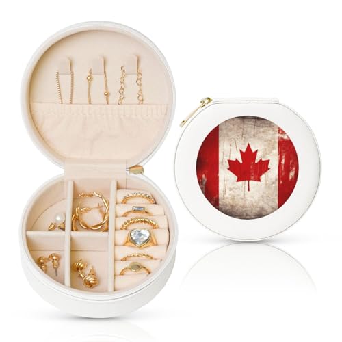BYPPJGH Kleine Schmuckschatulle mit Kanada-Flagge, Leder, Reise-Schmucketui, wasserdicht, rund, Schmuck-Organizer, weiß, für Damen, Ringe, Halsketten, Geschenke von BYPPJGH