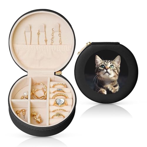 BYPPJGH Kleine Schmuckschatulle mit Katze, Leder, Reise-Schmucketui, wasserdicht, rund, Schmuck-Organizer, schwarz, für Damen, Ringe, Halsketten, Geschenke von BYPPJGH