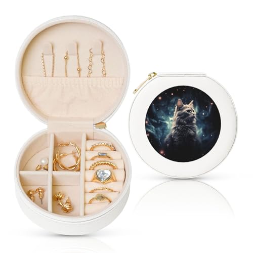 BYPPJGH Kleine Schmuckschatulle mit Katze im Nebel, Leder, Reise-Schmucketui, wasserdicht, rund, Schmuck-Organizer, weiß, für Damen, Ringe, Halsketten, Geschenke von BYPPJGH