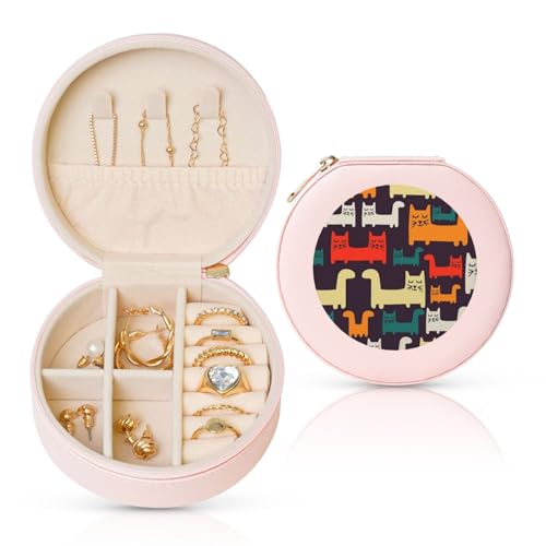BYPPJGH Kleine Schmuckschatulle mit Katzen-Illustration, Leder, Reise-Schmucketui, wasserdicht, rund, Schmuck-Organizer, Rosa, für Damen, Ringe, Halsketten, Geschenke von BYPPJGH