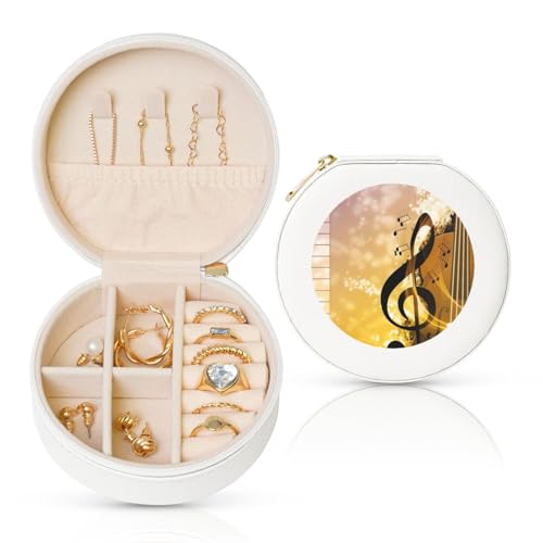 BYPPJGH Kleine Schmuckschatulle mit Klavier, Violine, Musiknoten, Leder, Reise-Schmuckkoffer, wasserdicht, rund, Schmuck-Organizer, weiß, für Damen, Ringe, Halsketten, Geschenke von BYPPJGH
