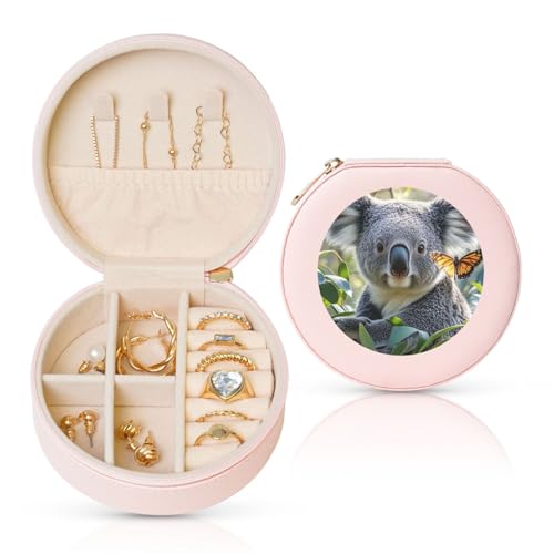 BYPPJGH Kleine Schmuckschatulle mit Koala und Schmetterling, Leder, Reise-Schmucketui, wasserdicht, rund, Schmuck-Organizer, Rosa, für Damen, Ringe, Halsketten, Geschenke von BYPPJGH
