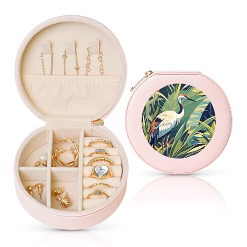 BYPPJGH Kleine Schmuckschatulle mit Kranichvogeln, Wildpflanzen, Leder, Reise-Schmuckkoffer, wasserdicht, rund, Schmuck-Organizer, Rosa, für Damen, Ringe, Halsketten, Geschenke von BYPPJGH